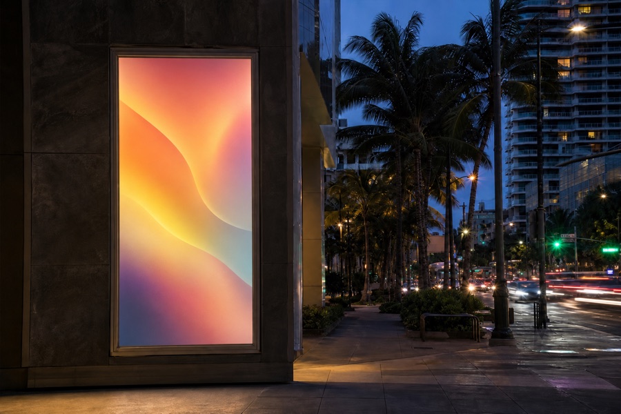 Illuminated advertising signboard on a building facade at dusk