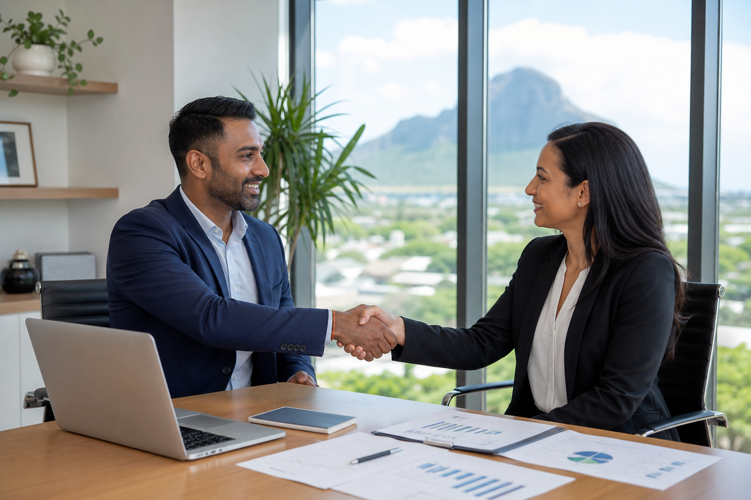 Business professionals shaking hands after closing a partnership deal in Mauritius