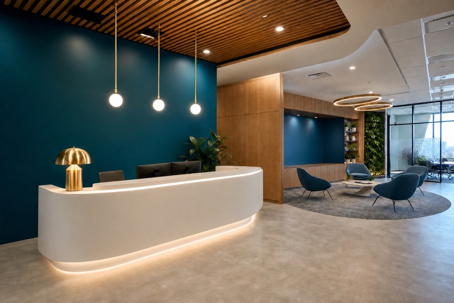 Modern branded corporate reception area with designer waiting room