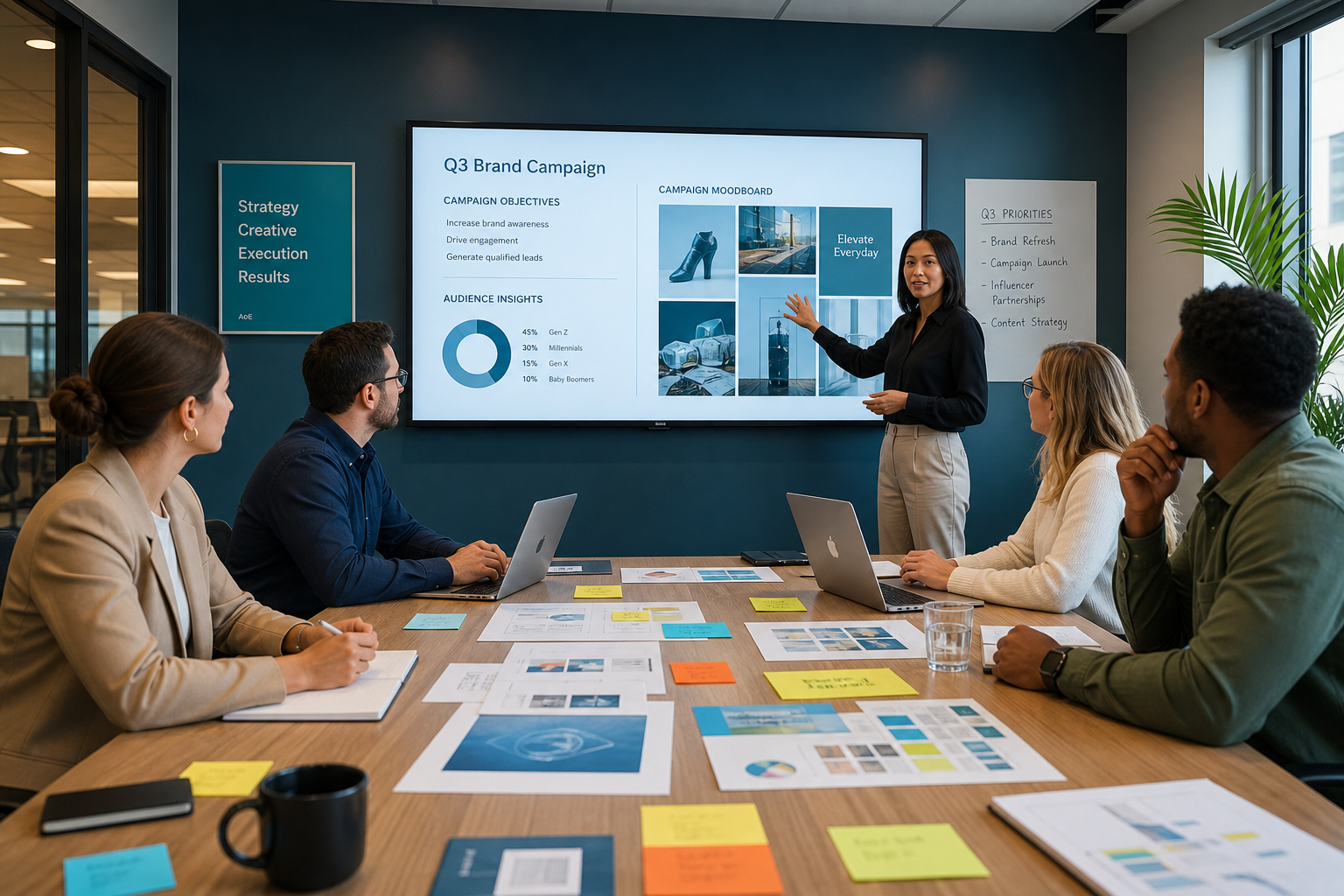 Marketing team reviewing a corporate brand campaign strategy in a meeting room