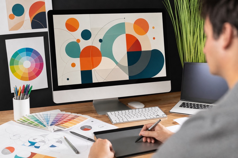 Graphic designer creating a logo and website design at a studio workstation