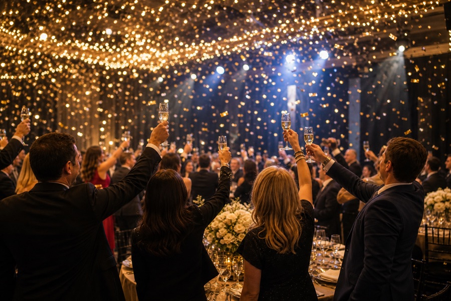 Corporate launch party with guests celebrating under festive lights