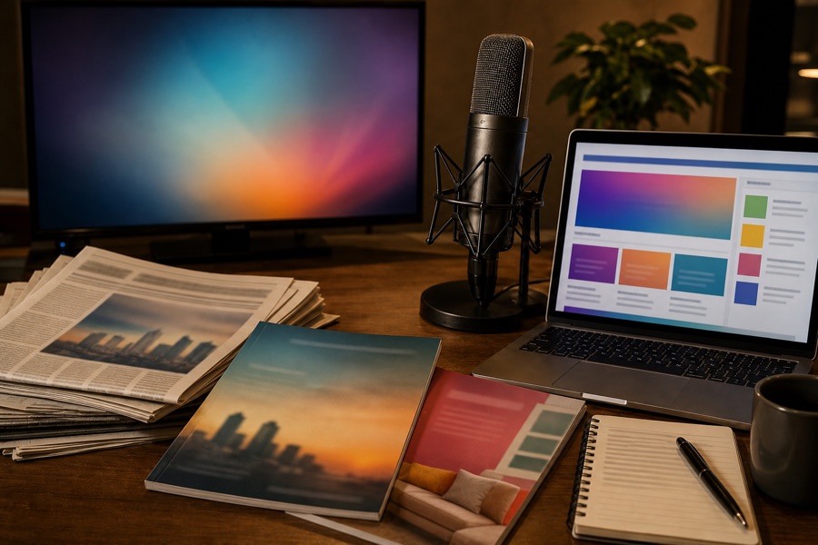 Newspapers, magazines, television, radio microphone and website on a desk