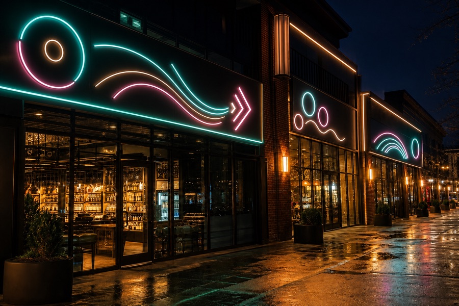 Glowing neon and LED storefront signage at night