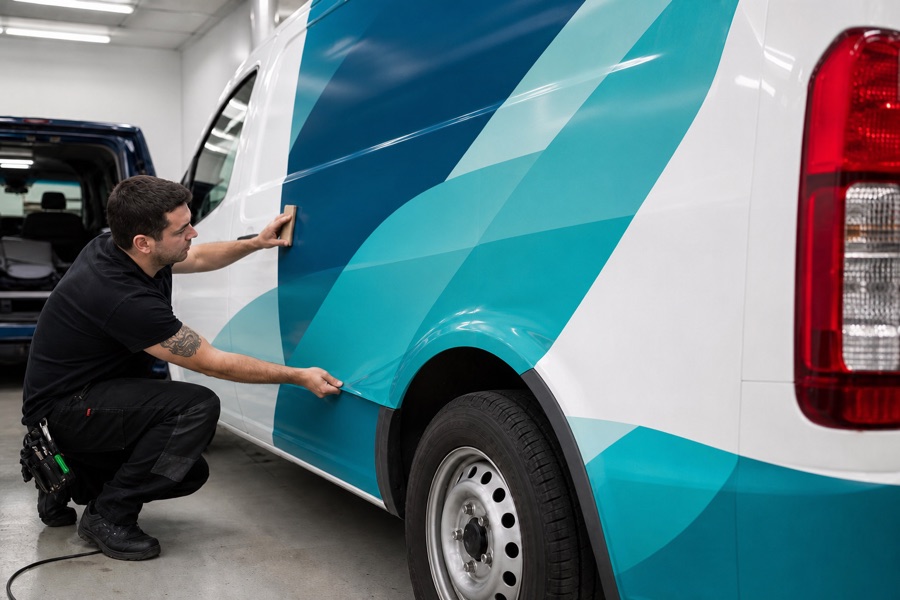 Technician applying branded vinyl wrap to a commercial van